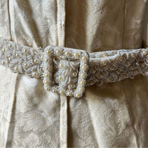 Vintage Handmade 1970s Brocade Ivory Mini Wedding Dress with Beaded Belt - Picture 10 of 10